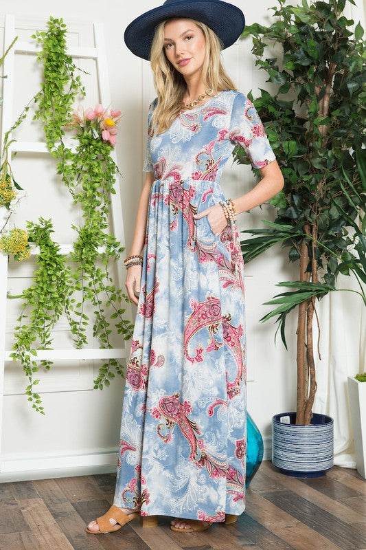 Celeste | Paisley Print Short Sleeve Maxi Dress with Pockets Plus Size - us.meeeshop