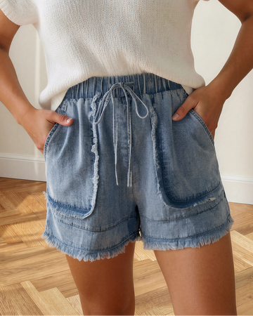 Finlee Frayed Edge Casual Denim Shorts in Myosotis (bottom)