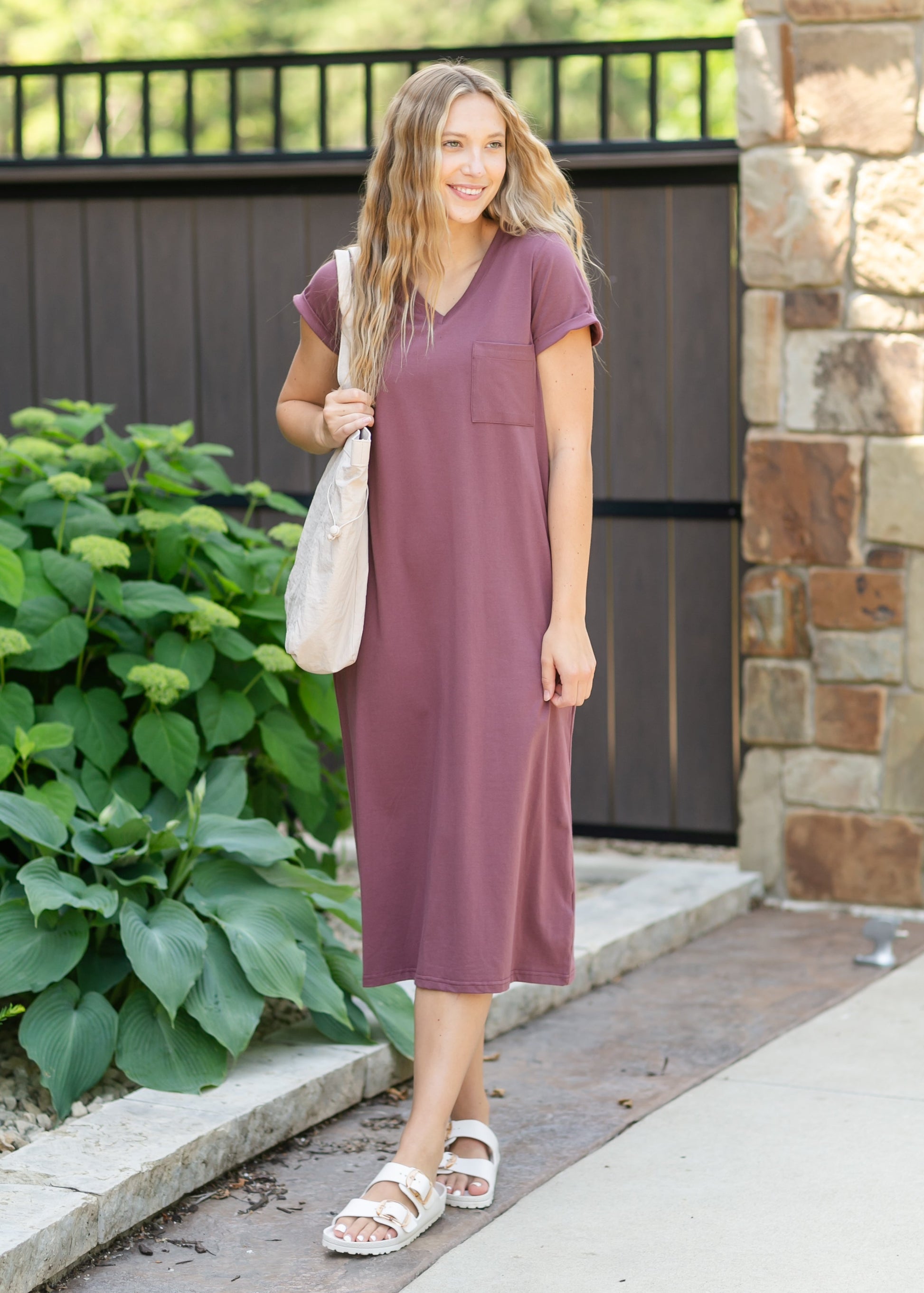 Finley V-neck T-shirt Dress in Mulberry view 2 - Finley Shirt Dress Sale