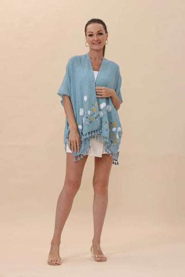 Floral Embroidered Tassel Hem Kimono Cardigan Top - MeeeShop Women's Fashion