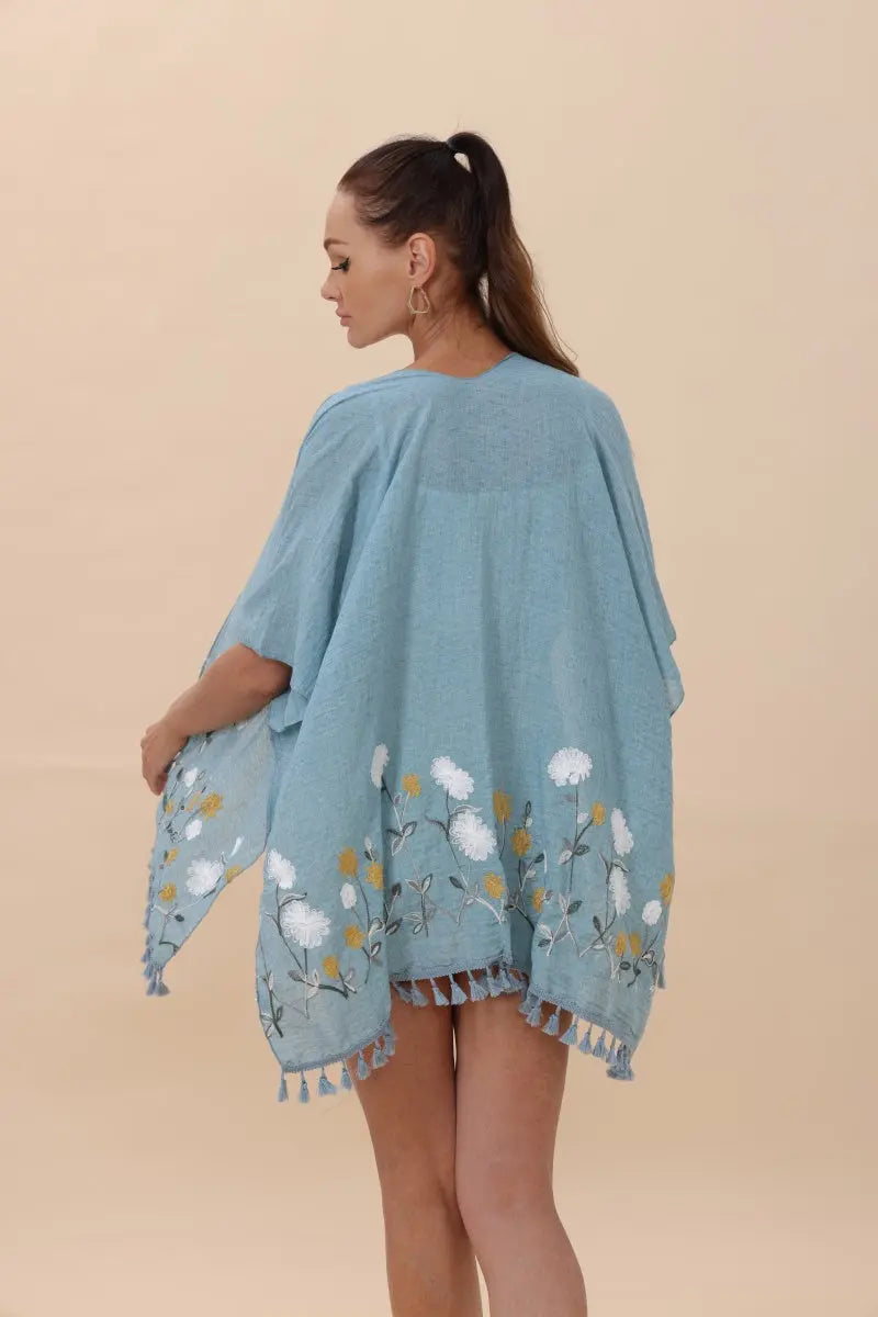 Floral Embroidered Tassel Hem Kimono Cardigan Top - MeeeShop Women's Fashion