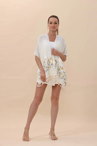 Floral Embroidered Tassel Hem Kimono Cardigan Top - MeeeShop Women's Fashion