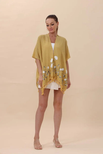 Floral Embroidered Tassel Hem Kimono Cardigan Top - MeeeShop Women's Fashion