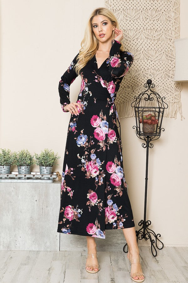 Floral Maxi Wrap Dress in Black Combo - Floral Maxi Dress With Sleeves