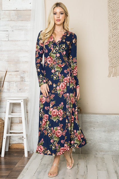 Floral Maxi Wrap Dress in Black Combo view 2 - Floral Maxi Dress With Sleeves