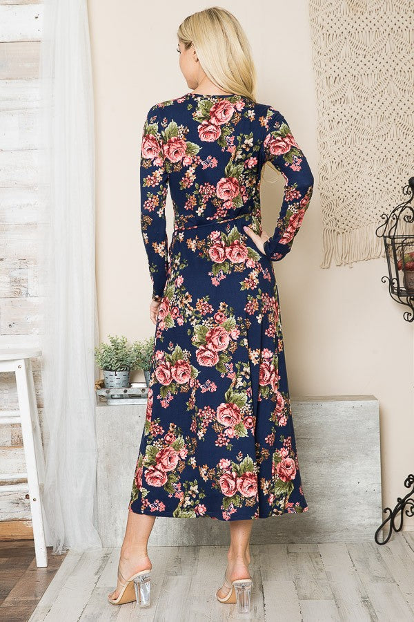 Floral Maxi Wrap Dress in Navy Combo view 6 - Floral Maxi Dress With Sleeves