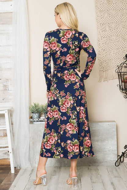 Floral Maxi Wrap Dress in Navy Combo view 6 - Floral Maxi Dress With Sleeves
