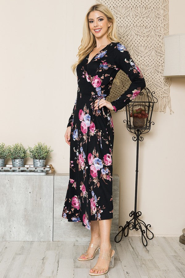 Floral Maxi Wrap Dress in Navy Combo view 7 - Floral Maxi Dress With Sleeves