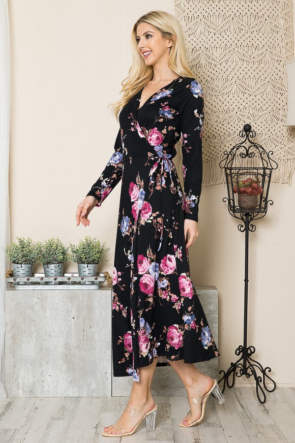 Floral Maxi Wrap Dress in Navy Combo view 8 - Floral Maxi Dress With Sleeves