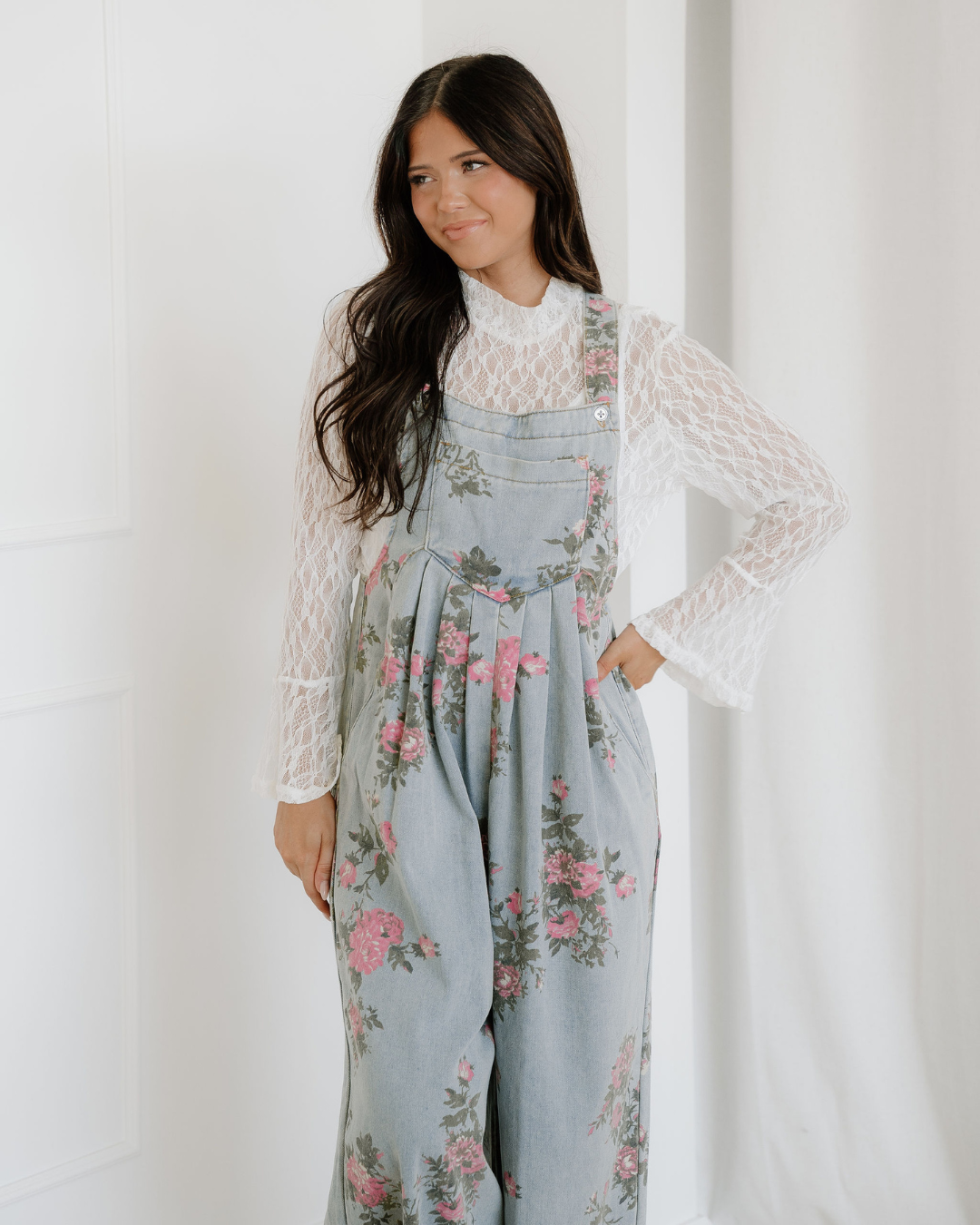 Floral Pleated Wide Leg Denim Overalls Beau Blue view 3 (one-piece) - floral pleated jumpsuit, floral o - shop at us.meeeshop
