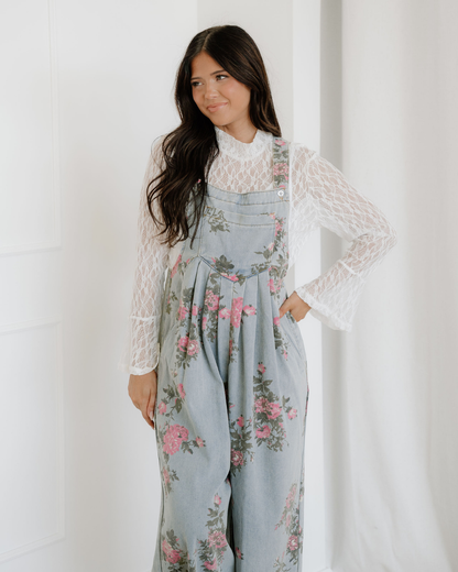 Floral Pleated Wide Leg Denim Overalls Beau Blue view 3 (one-piece) - floral pleated jumpsuit, floral o - shop at us.meeeshop