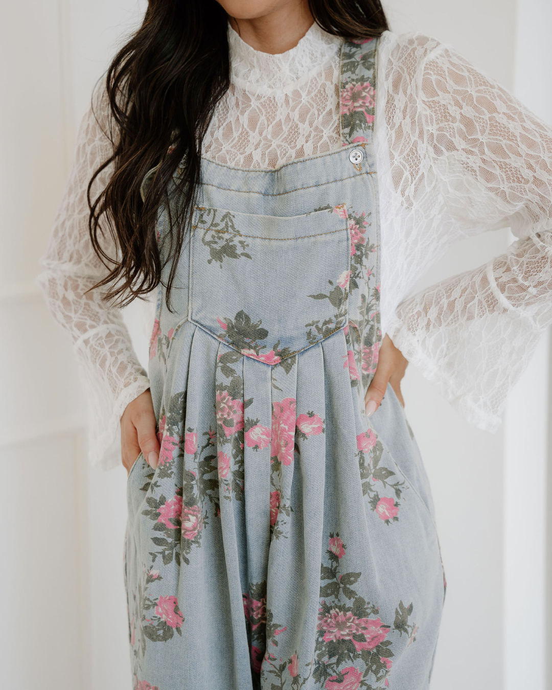 Floral Pleated Wide Leg Denim Overalls Beau Blue view 4 (one-piece) - floral pleated jumpsuit, floral o - shop at us.meeeshop