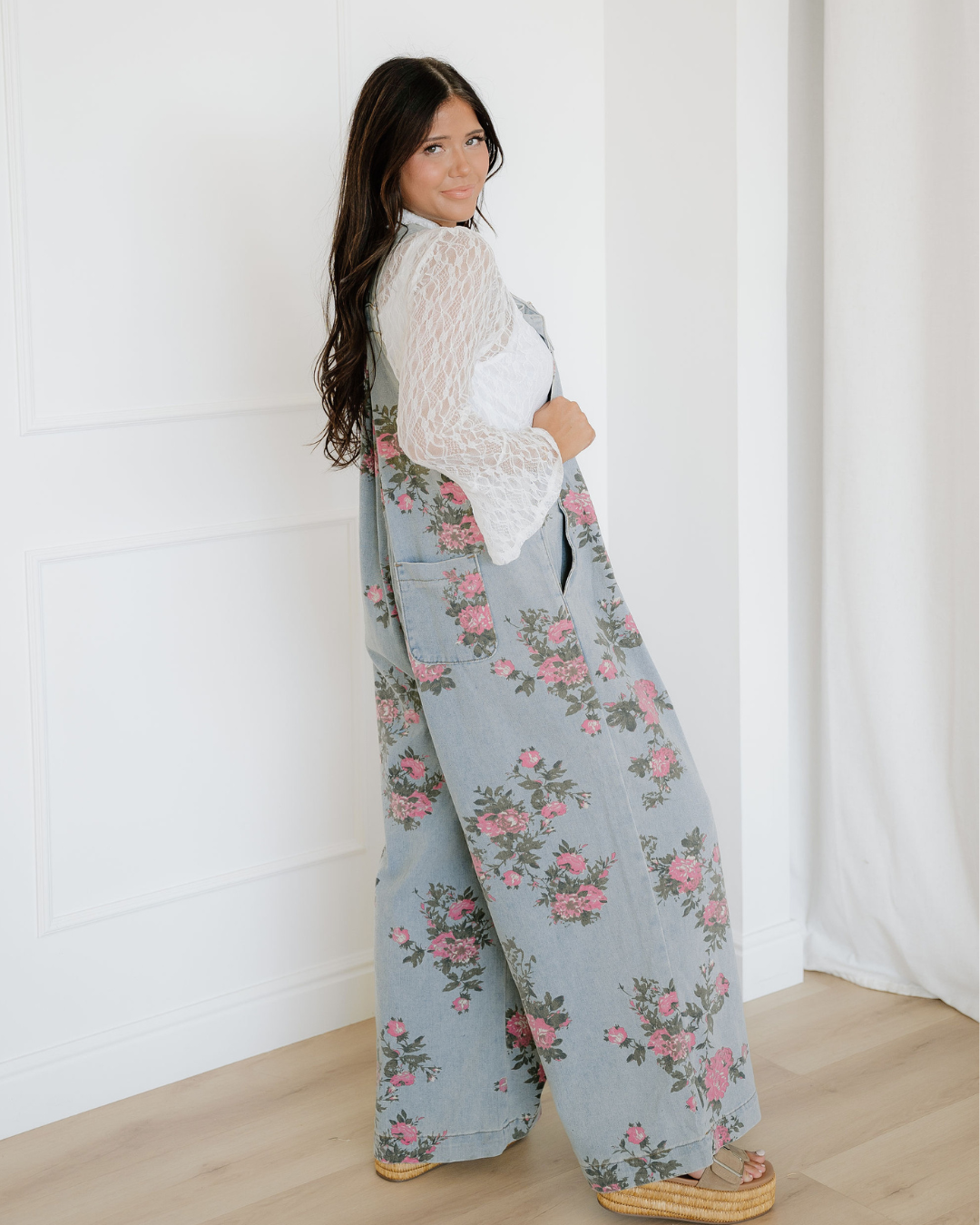 Floral Pleated Wide Leg Denim Overalls view 5 (one-piece) - floral pleated jumpsuit, floral overall pan - shop at us.meeeshop