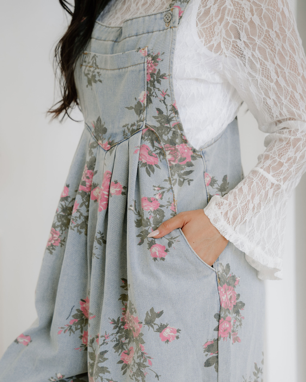 Floral Pleated Wide Leg Denim Overalls view 6 (one-piece) - floral pleated jumpsuit, floral overall pan - shop at us.meeeshop