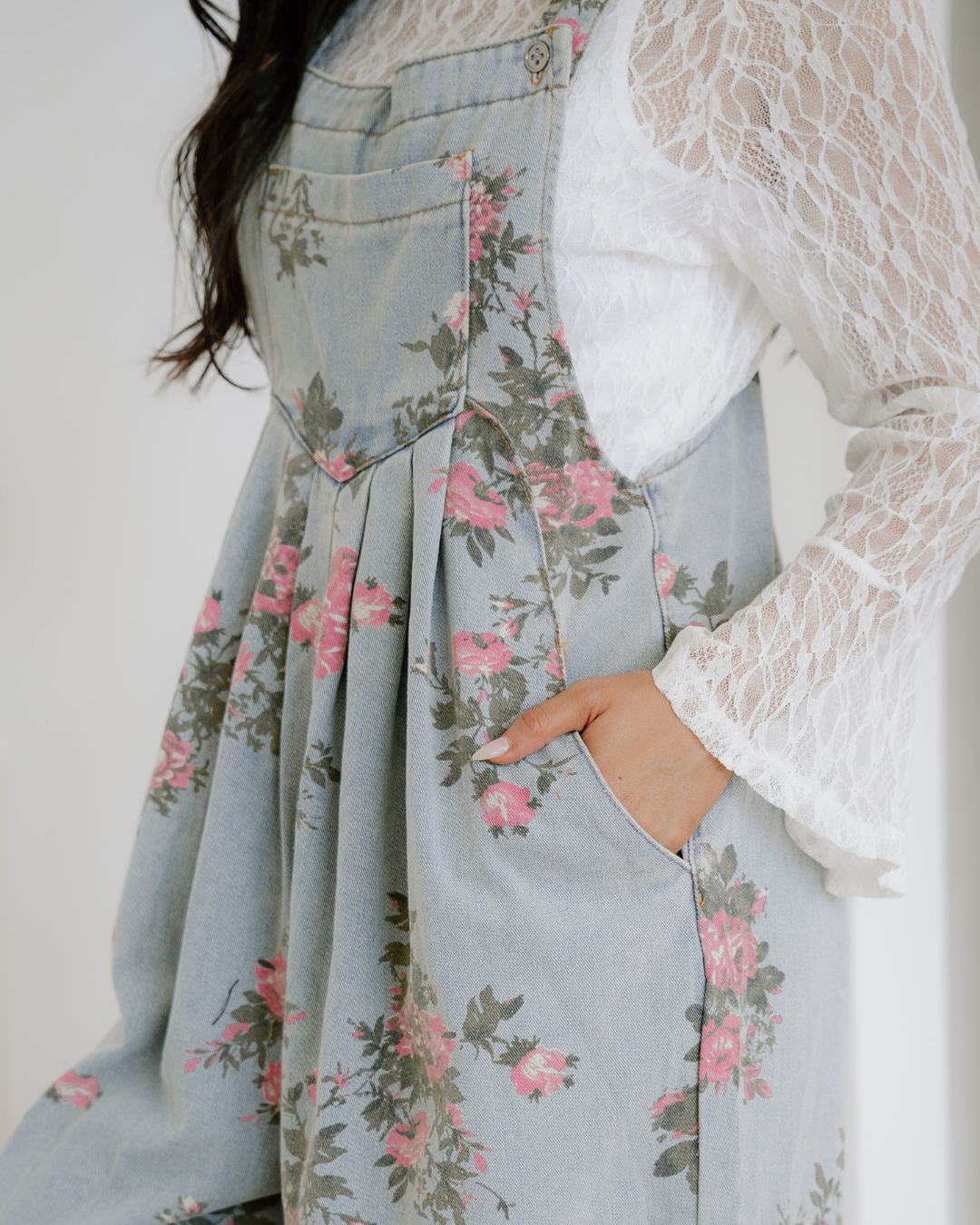 Floral Pleated Wide Leg Denim Overalls view 6 (one-piece) - floral pleated jumpsuit, floral overall pan - shop at us.meeeshop