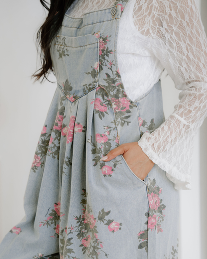 Floral Pleated Wide Leg Denim Overalls view 6 (one-piece) - floral pleated jumpsuit, floral overall pan - shop at us.meeeshop