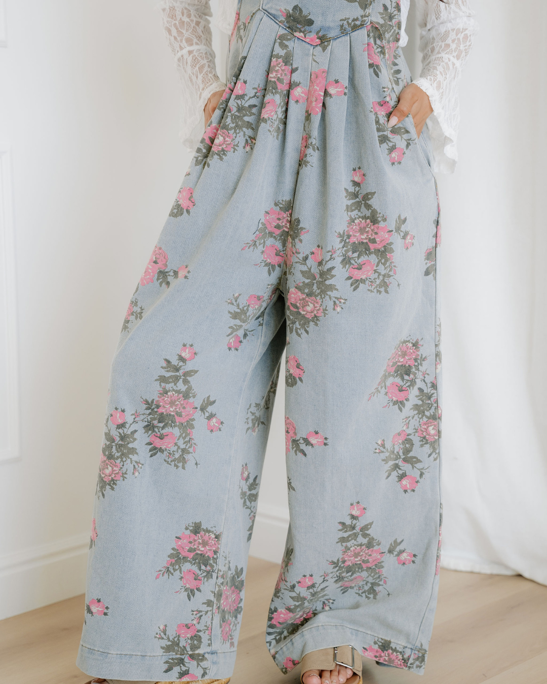 Floral Pleated Wide Leg Denim Overalls view 7 (one-piece) - floral pleated jumpsuit, floral overall pan - shop at us.meeeshop