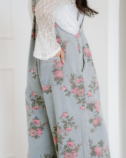 Floral Pleated Wide Leg Denim Overalls view 8 (one-piece) - floral pleated jumpsuit, floral overall pan - shop at us.meeeshop