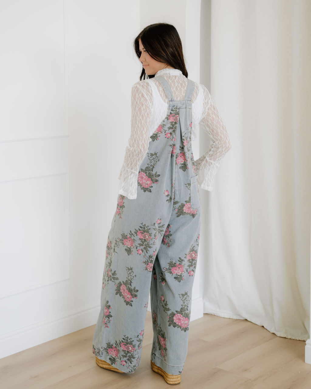 Floral Pleated Wide Leg Denim Overalls view 9 (one-piece) - floral pleated jumpsuit, floral overall pan - shop at us.meeeshop