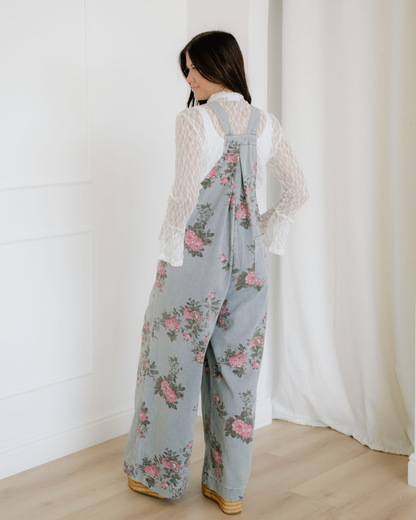 Floral Pleated Wide Leg Denim Overalls view 9 (one-piece) - floral pleated jumpsuit, floral overall pan - shop at us.meeeshop