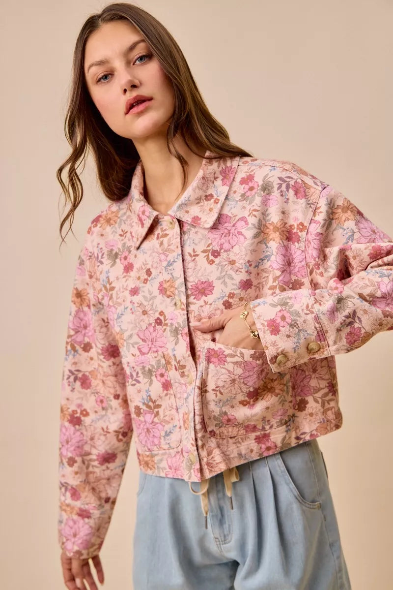 floral print cotton So Me Floral Print Cotton Twill Button Down Barn Jacket Blush Pink (layer) - shop at us.meeeshop