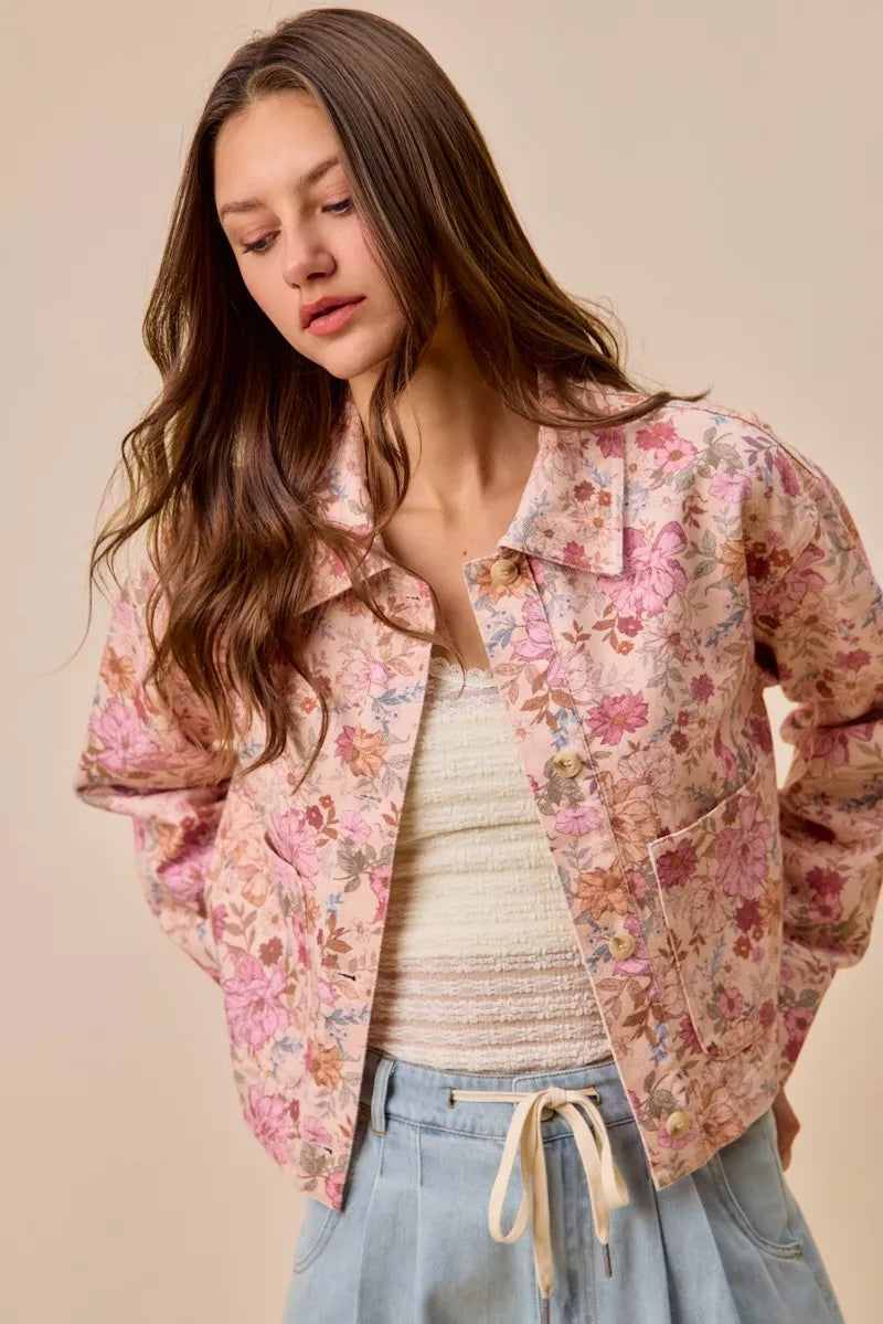 floral print cotton So Me Floral Print Cotton Twill Button Down Barn Jacket view 2 (layer) - shop at us.meeeshop