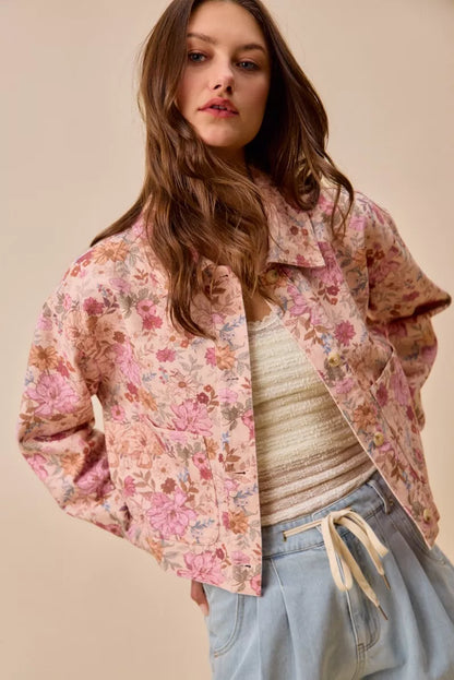 floral print cotton So Me Floral Print Cotton Twill Button Down Barn Jacket view 3 (layer) - shop at us.meeeshop