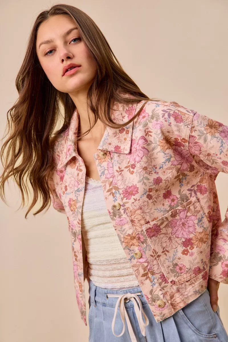 floral print cotton So Me Floral Print Cotton Twill Button Down Barn Jacket view 4 (layer) - shop at us.meeeshop