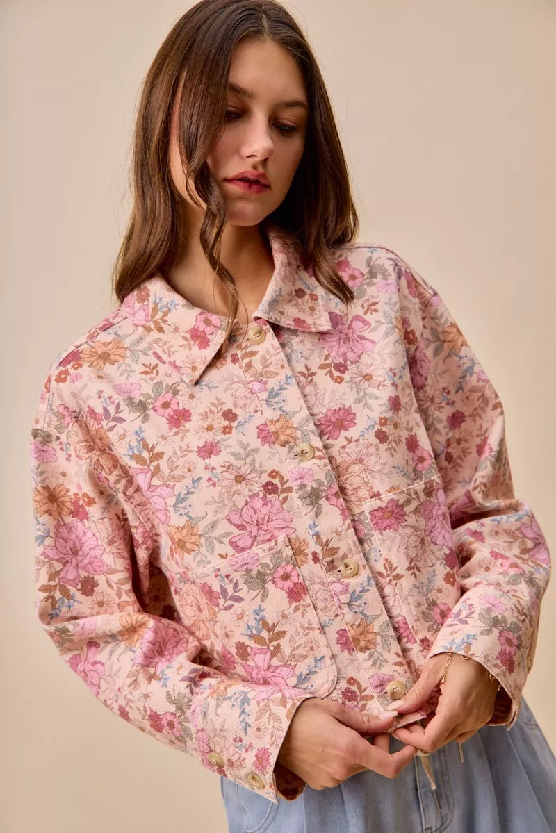 floral print cotton So Me Floral Print Cotton Twill Button Down Barn Jacket view 5 (layer) - shop at us.meeeshop