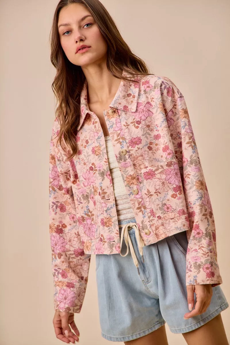 floral print cotton So Me Floral Print Cotton Twill Button Down Barn Jacket view 6 (layer) - shop at us.meeeshop