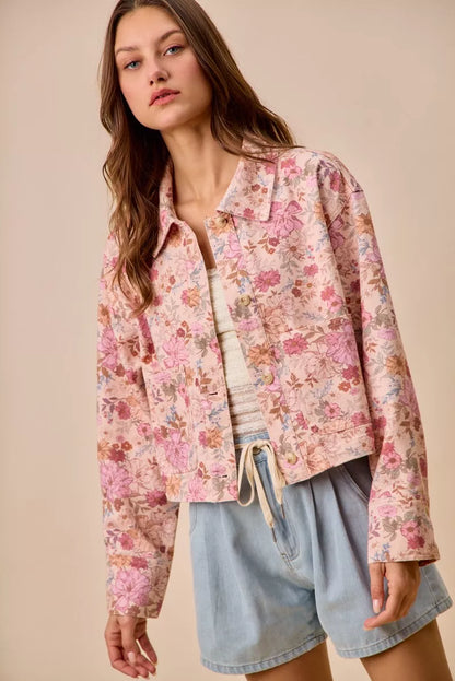 floral print cotton So Me Floral Print Cotton Twill Button Down Barn Jacket view 6 (layer) - shop at us.meeeshop