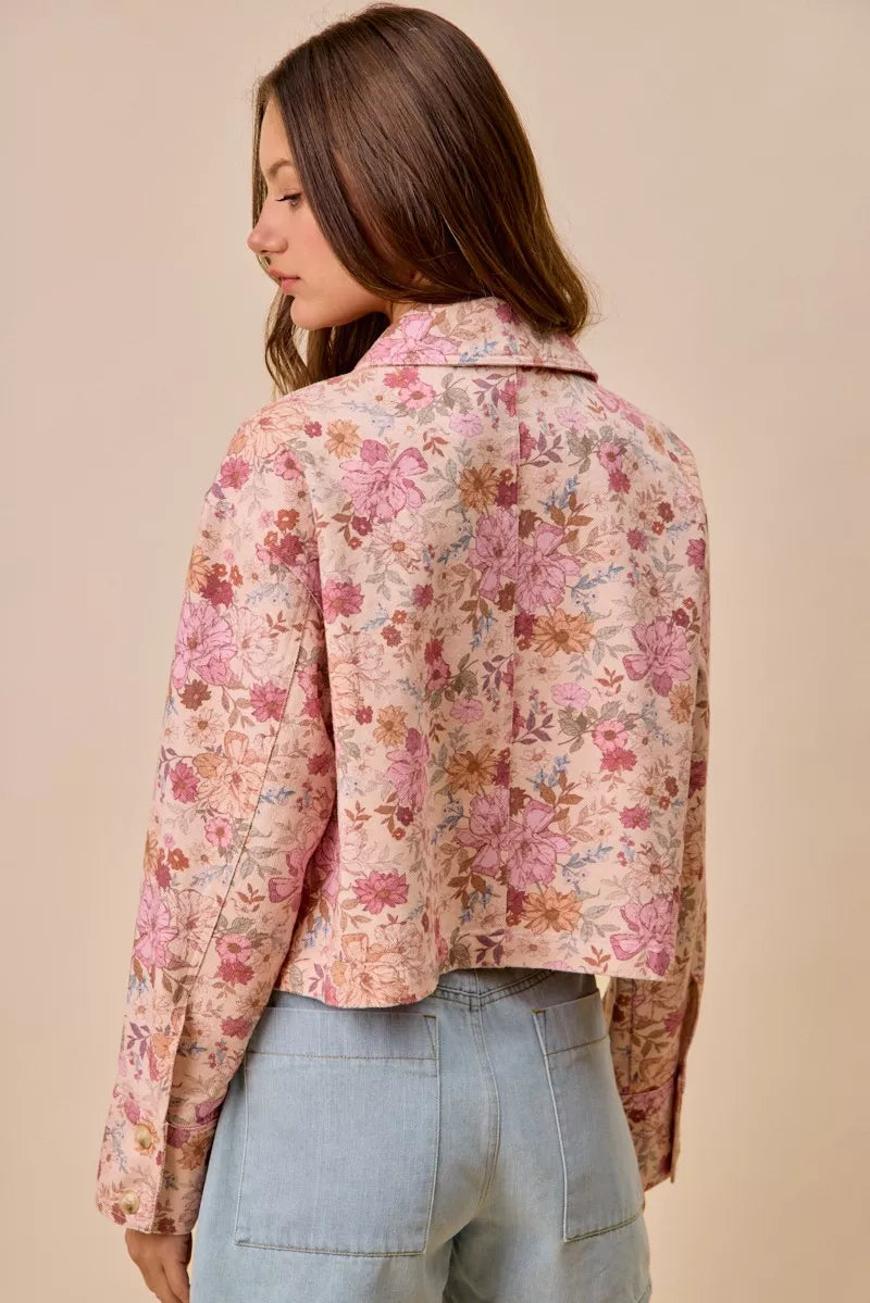 floral print cotton So Me Floral Print Cotton Twill Button Down Barn Jacket view 7 (layer) - shop at us.meeeshop