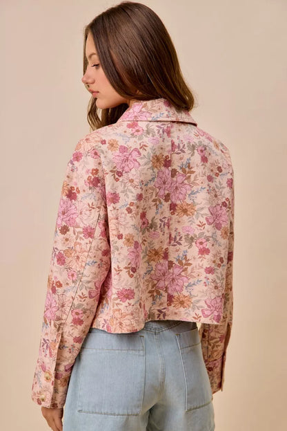 floral print cotton So Me Floral Print Cotton Twill Button Down Barn Jacket view 7 (layer) - shop at us.meeeshop