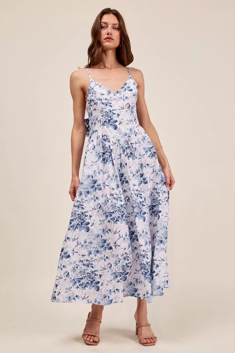 floral woven neck So Me Floral Woven V Neck Dress with Back Ribbon Tie BLUECOMBO (dress) - shop at us.meeeshop