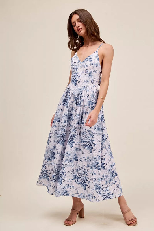 floral woven neck So Me Floral Woven V Neck Dress with Back Ribbon Tie view 2 (dress) - shop at us.meeeshop