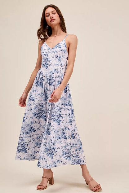 floral woven neck So Me Floral Woven V Neck Dress with Back Ribbon Tie view 3 (dress) - shop at us.meeeshop