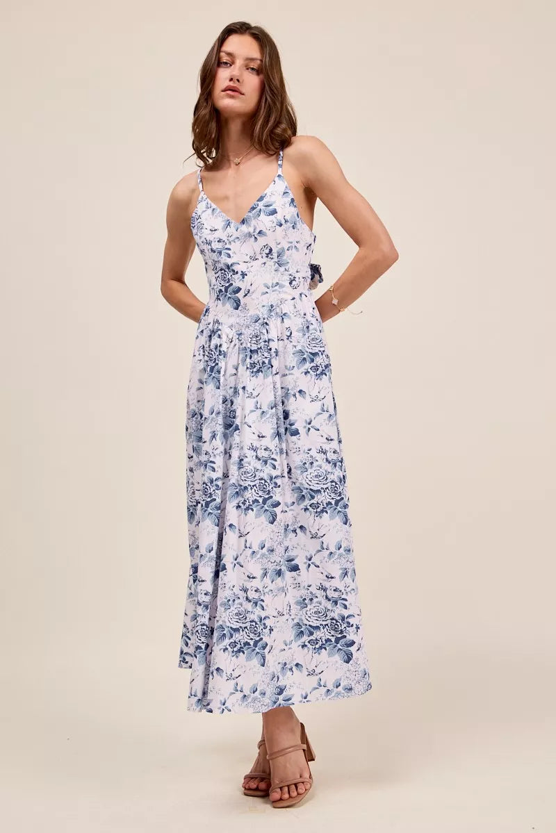 floral woven neck So Me Floral Woven V Neck Dress with Back Ribbon Tie view 4 (dress) - shop at us.meeeshop