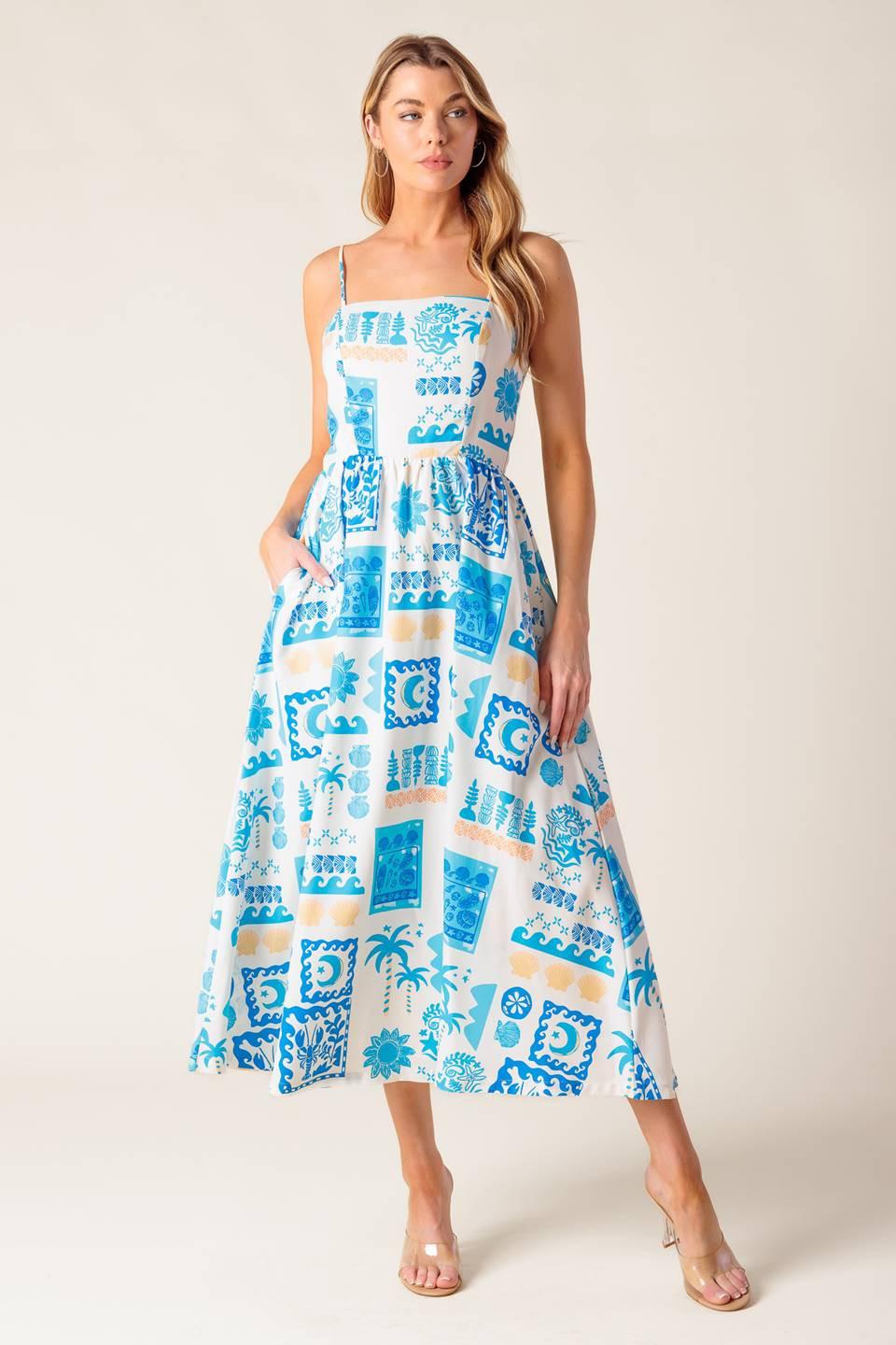 Flower Girl Blue Woven Midi Dress in IVORY BLUE - Flower Girl Dresses