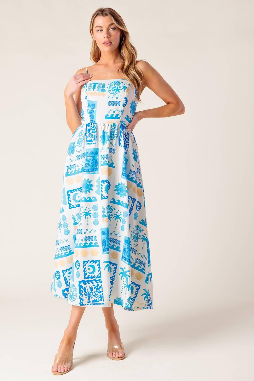 Flower Girl Blue Woven Midi Dress in IVORY BLUE view 5 - Flower Girl Dresses