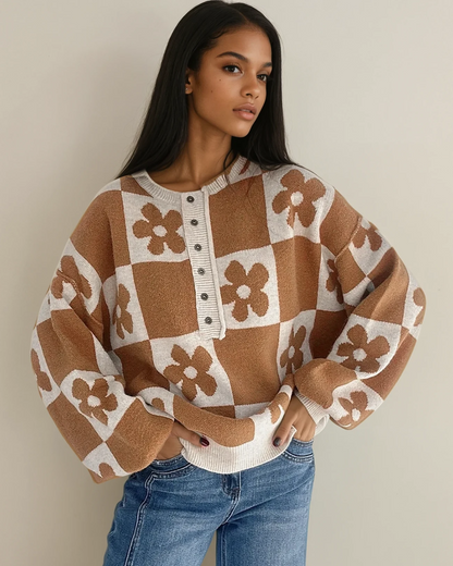 Flower Power Checkered Henley Sweater - Camel Thai Curry (top) - flower power sweater pattern, flower p - shop at us.meeeshop