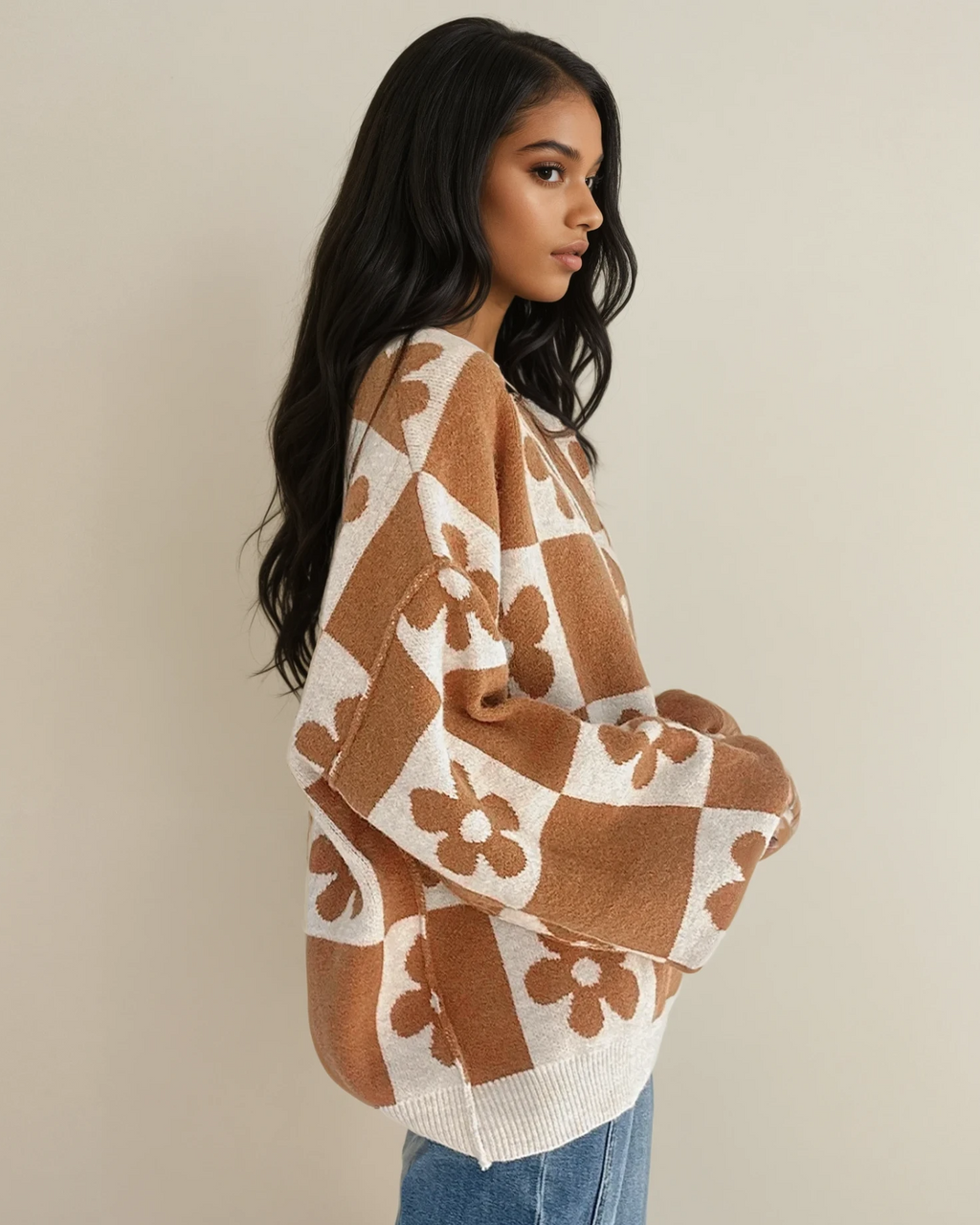 Flower Power Checkered Henley Sweater - Camel Thai Curry view 2 (layer) - flower power sweater pattern, - shop at us.meeeshop