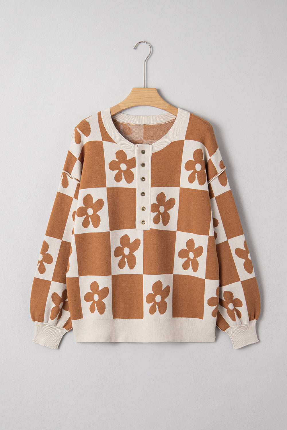 Flower Power Checkered Henley Sweater - Camel Thai Curry view 3 (layer) - flower power sweater pattern, - shop at us.meeeshop