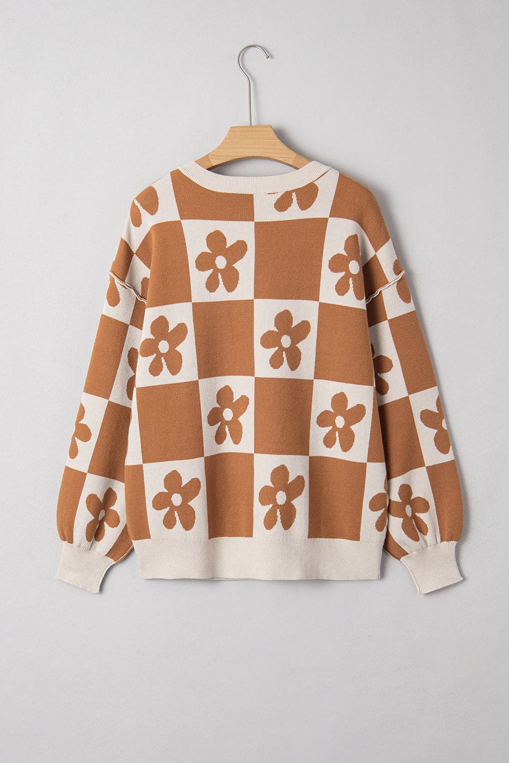 Flower Power Checkered Henley Sweater - Camel Thai Curry view 4 (top) - flower power sweater pattern, f - shop at us.meeeshop