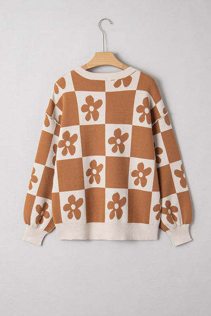 Flower Power Checkered Henley Sweater - Camel Thai Curry view 4 (top) - flower power sweater pattern, f - shop at us.meeeshop
