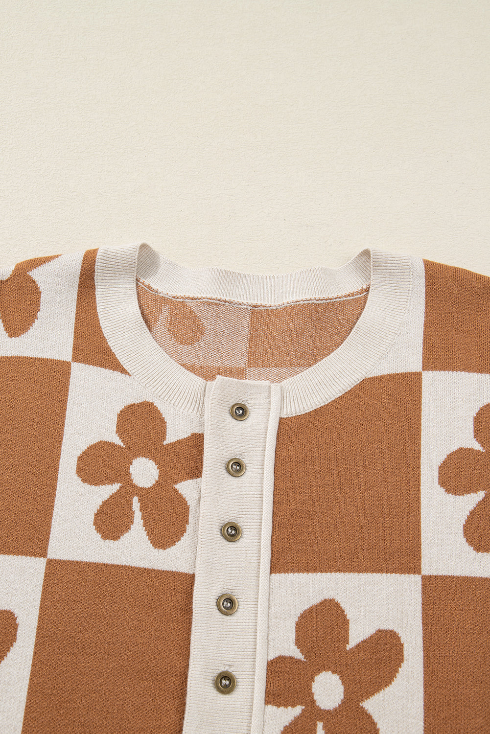 Flower Power Checkered Henley Sweater - Camel view 5 (layer) - flower power sweater pattern, flower pow - shop at us.meeeshop