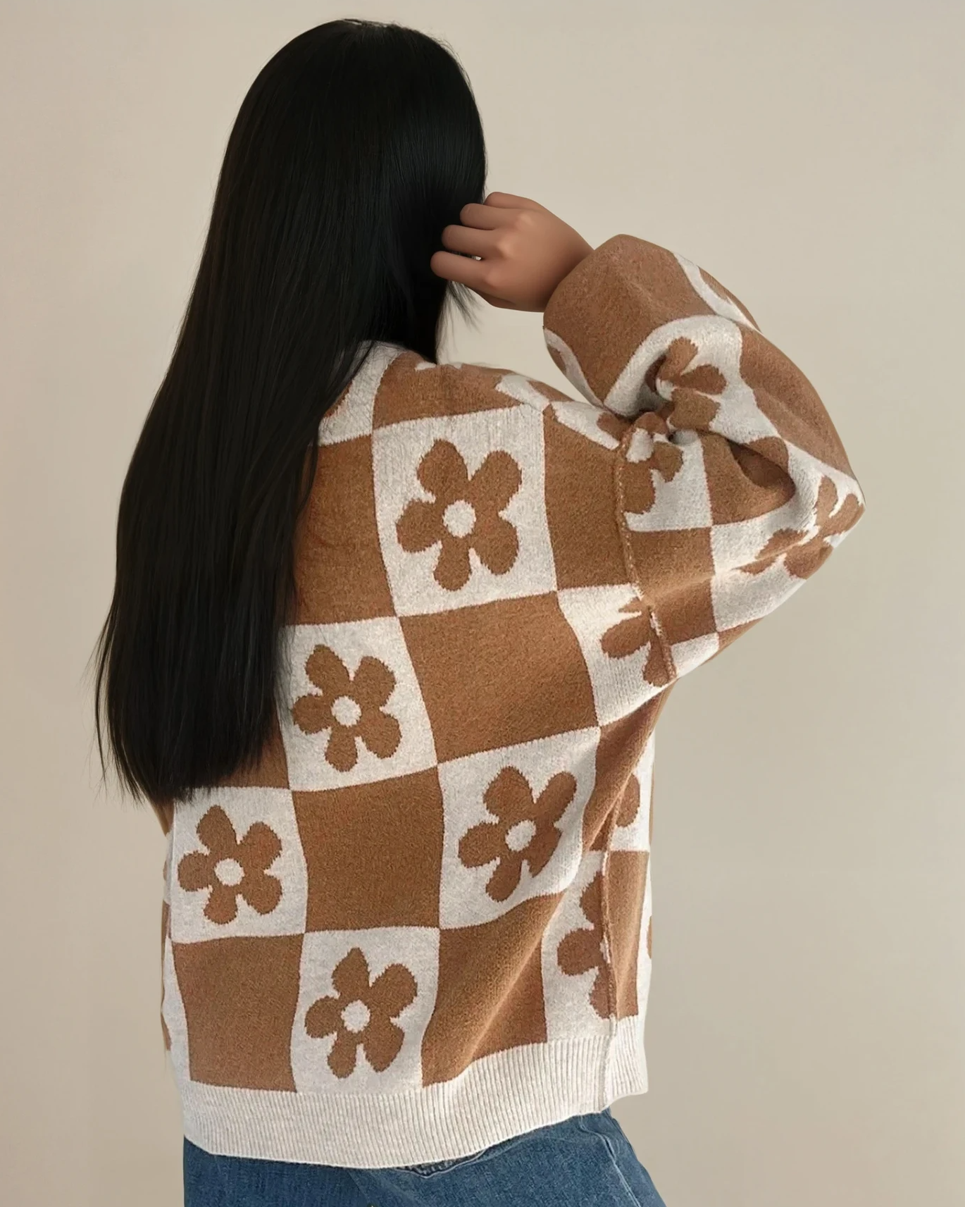 Flower Power Checkered Henley Sweater - Camel view 6 (top) - flower power sweater pattern, flower power - shop at us.meeeshop