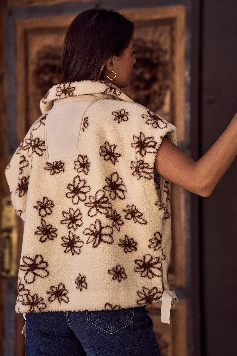 flower sherpa fur So Me Flower Sherpa Fur Oversized Sleeveless Vest Jacket view 3 (layer) - shop at us.meeeshop