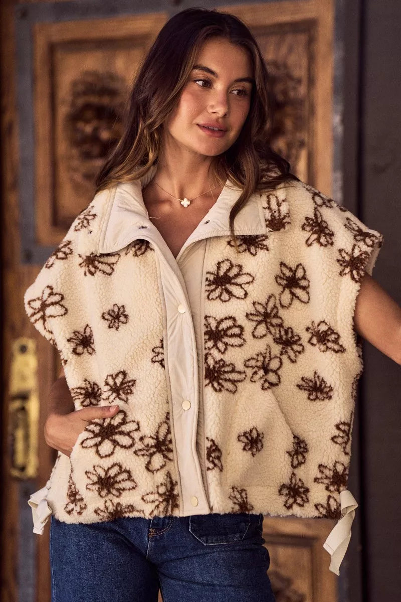 So Me Flower Sherpa Fur Oversized Sleeveless Vest Jacket BROWN view 4 (layer) - flower sherpa jacket wo - shop at us.meeeshop