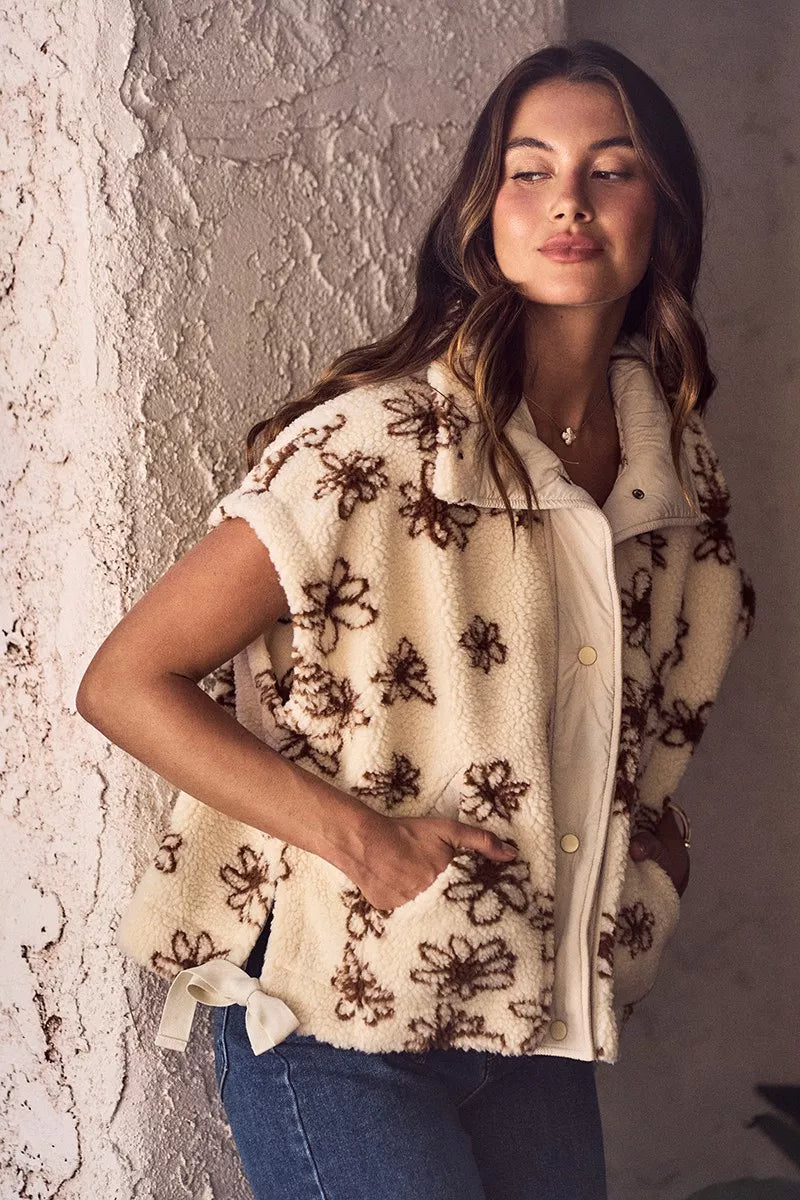So Me Flower Sherpa Fur Oversized Sleeveless Vest Jacket view 5 (layer) - flower sherpa jacket women, f - shop at us.meeeshop
