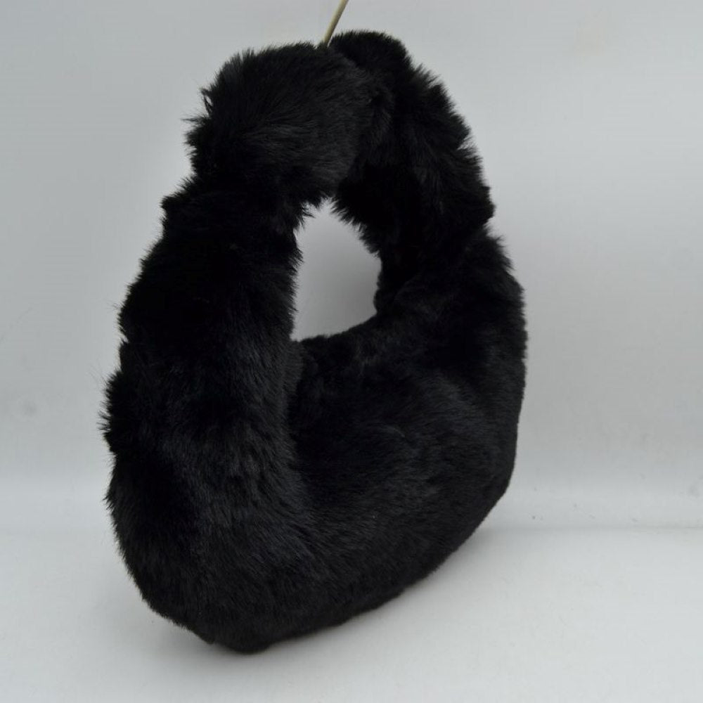 Fluffy Plush Crescent Hobo Handbag with Integrated Top Handle in Clear White - Fluffy Plush Bag